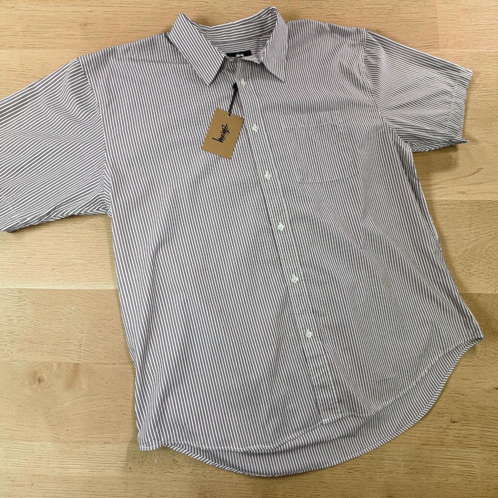 Stussy Boxy SS Shirt 8 Ball Burgundy Stripe Short Sleeve Button Down XL NEW
